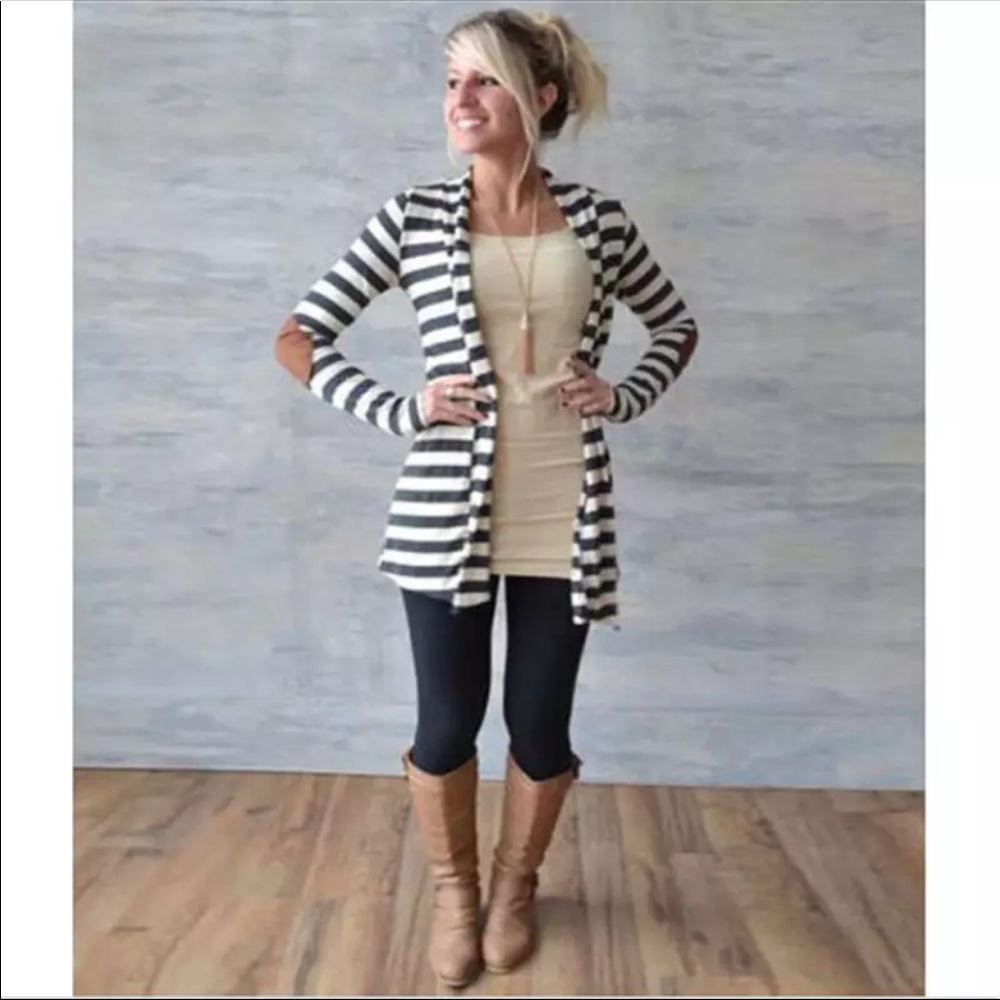 1 Left! Striped Cardigan With Elbow Patches - Picture 3 of 5